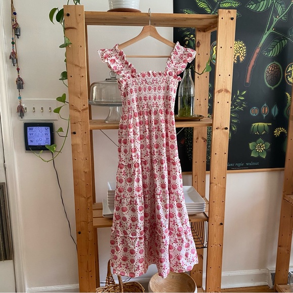 Hill House Home Pink White Ellie Nap Mermaid Shell Cherry Print Midi Dress XS - Picture 4 of 16